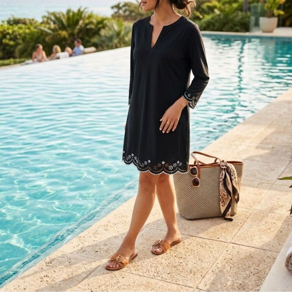 Lands' End Black V Neck Die cut Trim Swim Cover Up Mini Dress Size L 14/16